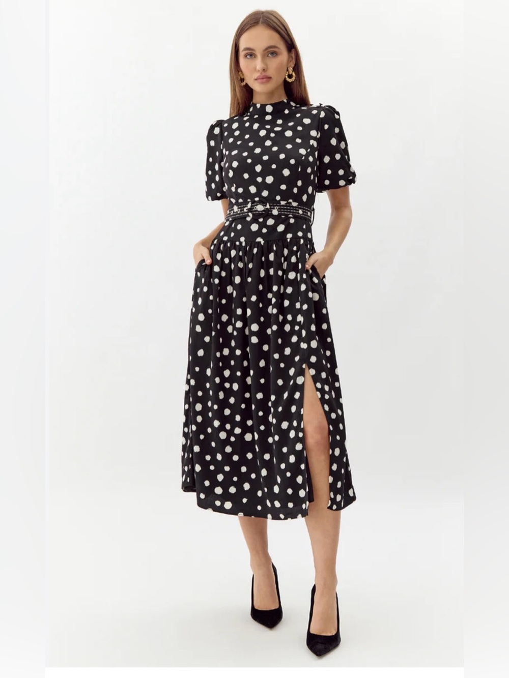 Adelyn Rae Black and White Polka Dot Midi Dress with Side Slit